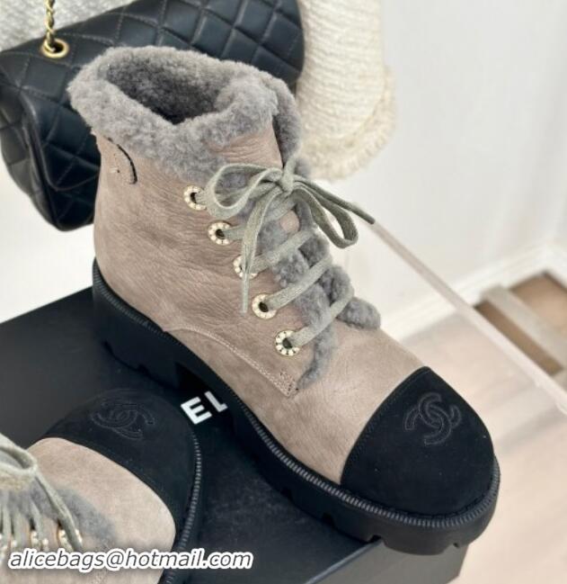 Good Quality Chanel Calfskin & Wool Laced-up Ankle Boots Grey 1120144