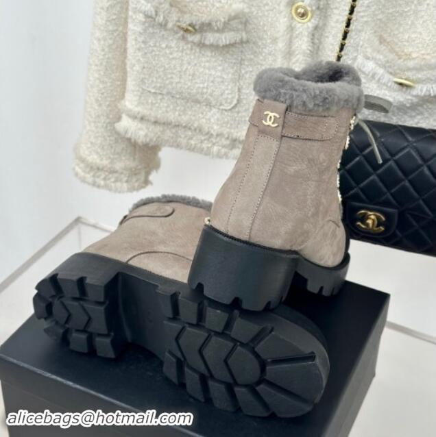 Good Quality Chanel Calfskin & Wool Laced-up Ankle Boots Grey 1120144