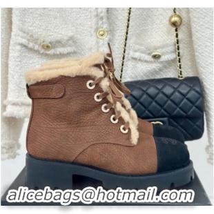 Best Grade Chanel Calfskin & Wool Laced-up Ankle Boots Brown 1120145