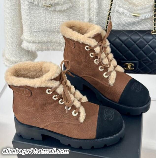 Best Grade Chanel Calfskin & Wool Laced-up Ankle Boots Brown 1120145