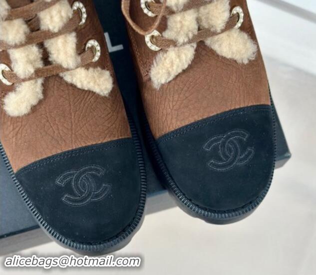 Best Grade Chanel Calfskin & Wool Laced-up Ankle Boots Brown 1120145