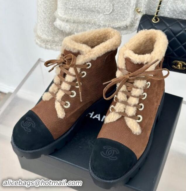 Best Grade Chanel Calfskin & Wool Laced-up Ankle Boots Brown 1120145