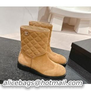 Top Grade Chanel Suede & Quilted Flat Ankle Boots Brown Yellow 1120146