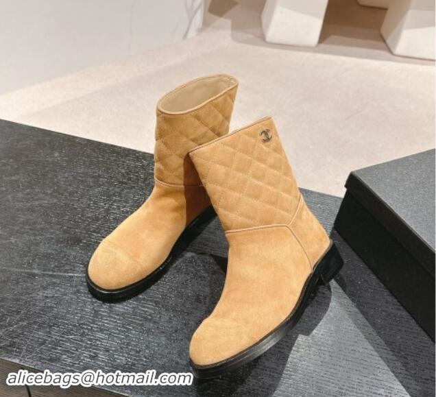 Top Grade Chanel Suede & Quilted Flat Ankle Boots Brown Yellow 1120146