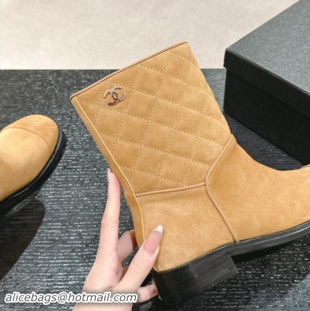 Top Grade Chanel Suede & Quilted Flat Ankle Boots Brown Yellow 1120146