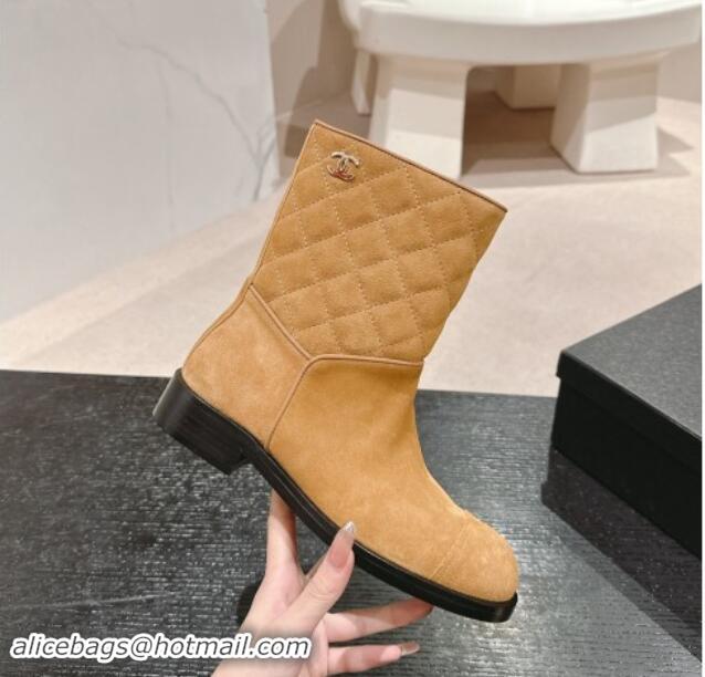 Top Grade Chanel Suede & Quilted Flat Ankle Boots Brown Yellow 1120146