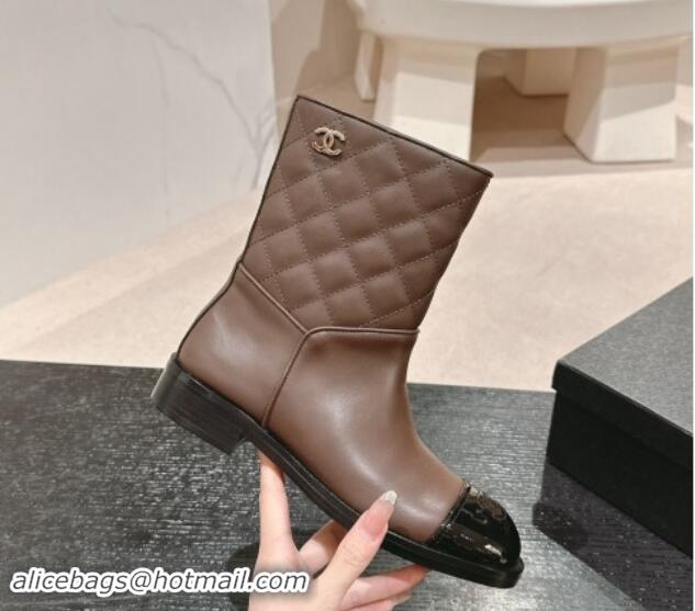 Low Price Chanel Calfskin & Quilted Flat Ankle Boots Brown 1120147