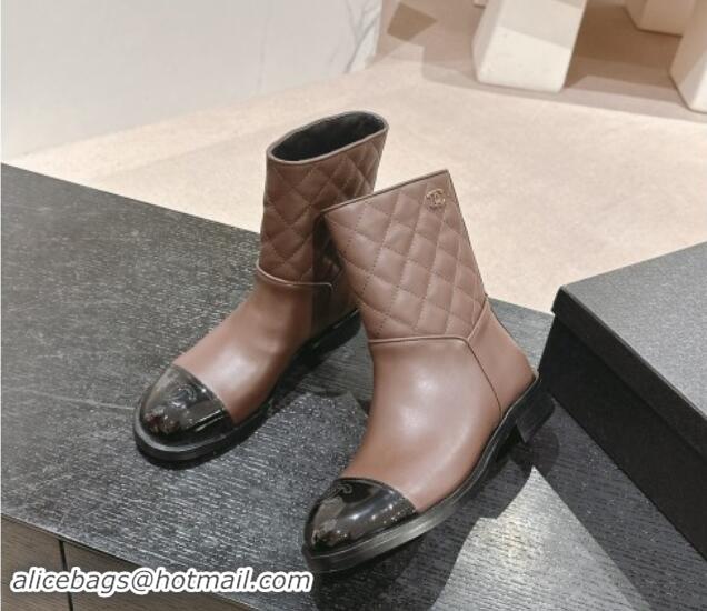 Low Price Chanel Calfskin & Quilted Flat Ankle Boots Brown 1120147