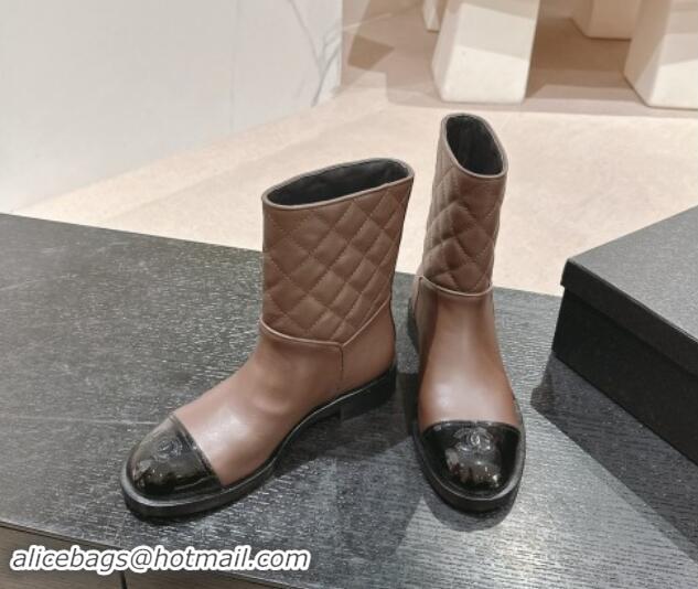 Low Price Chanel Calfskin & Quilted Flat Ankle Boots Brown 1120147