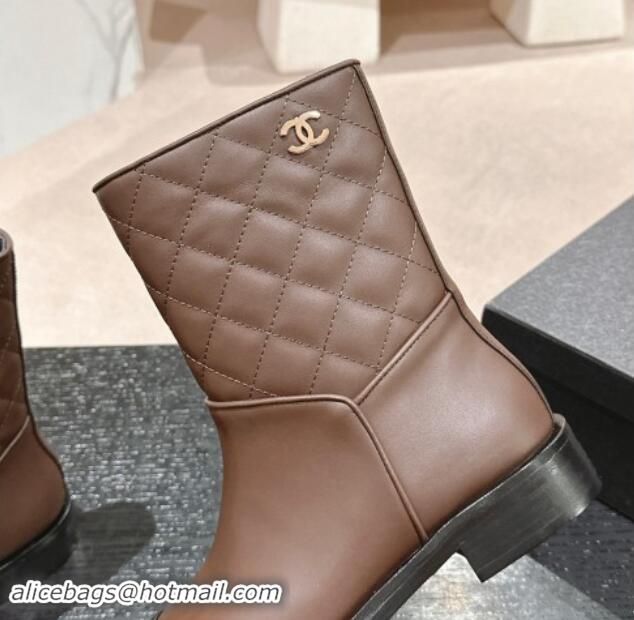 Low Price Chanel Calfskin & Quilted Flat Ankle Boots Brown 1120147