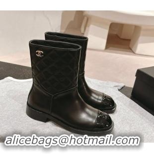 Good Quality Chanel Calfskin & Quilted Flat Ankle Boots Black 1120148