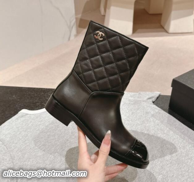 Good Quality Chanel Calfskin & Quilted Flat Ankle Boots Black 1120148