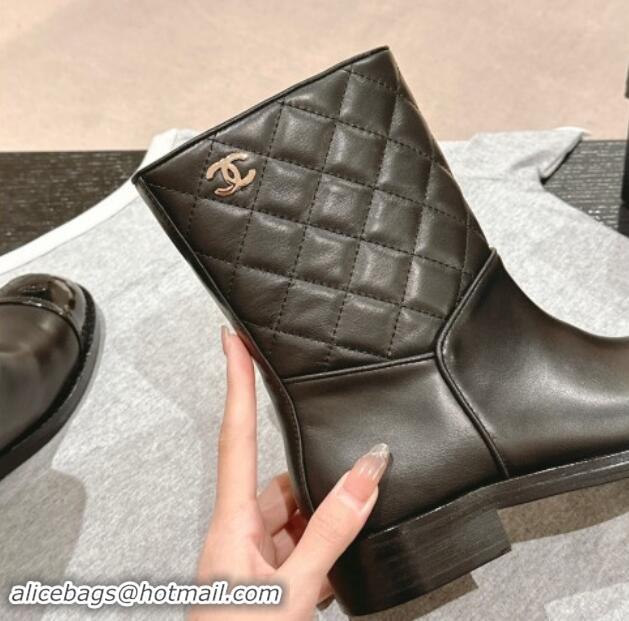 Good Quality Chanel Calfskin & Quilted Flat Ankle Boots Black 1120148