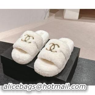 Grade Quality Chanel Shearling Wool Platform Slides Sandal with Gold-Tone CC White 1121001