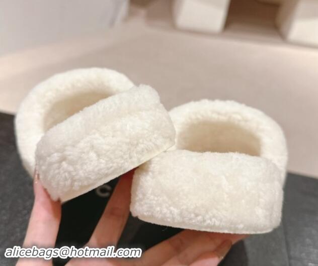 Grade Quality Chanel Shearling Wool Platform Slides Sandal with Gold-Tone CC White 1121001