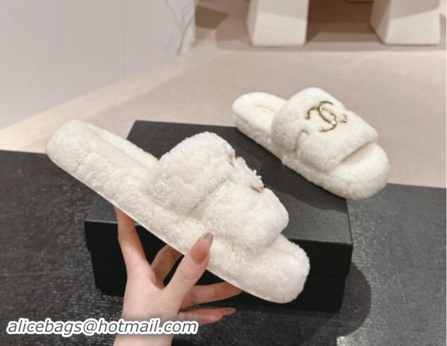 Grade Quality Chanel Shearling Wool Platform Slides Sandal with Gold-Tone CC White 1121001