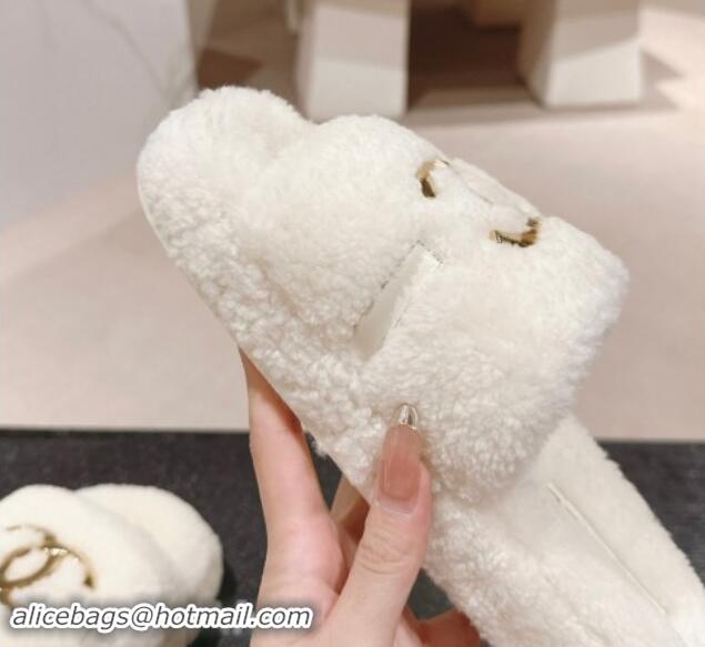 Grade Quality Chanel Shearling Wool Platform Slides Sandal with Gold-Tone CC White 1121001