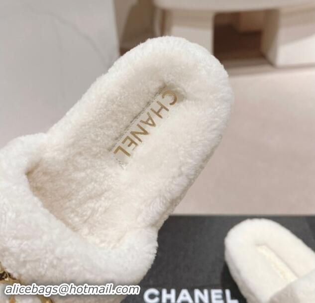 Grade Quality Chanel Shearling Wool Platform Slides Sandal with Gold-Tone CC White 1121001