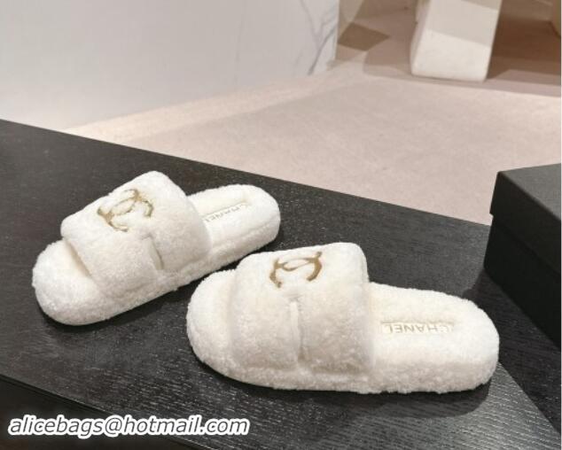 Grade Quality Chanel Shearling Wool Platform Slides Sandal with Gold-Tone CC White 1121001