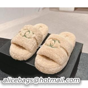 Best Price Chanel Shearling Wool Platform Slides Sandal with Gold-Tone CC Beige 1121002