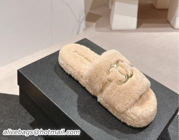 Best Price Chanel Shearling Wool Platform Slides Sandal with Gold-Tone CC Beige 1121002