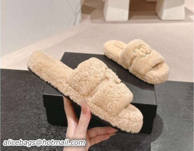 Best Price Chanel Shearling Wool Platform Slides Sandal with Gold-Tone CC Beige 1121002