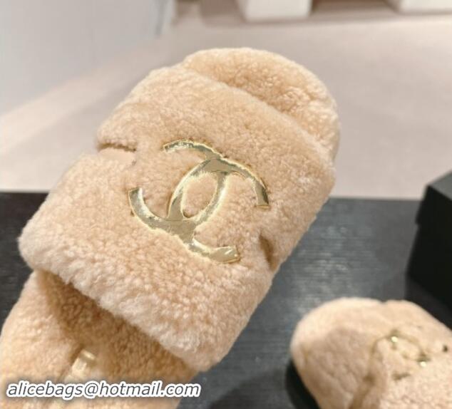 Best Price Chanel Shearling Wool Platform Slides Sandal with Gold-Tone CC Beige 1121002