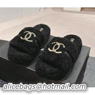 Pretty Style Chanel Shearling Wool Platform Slides Sandal with Gold-Tone CC Black 1121003