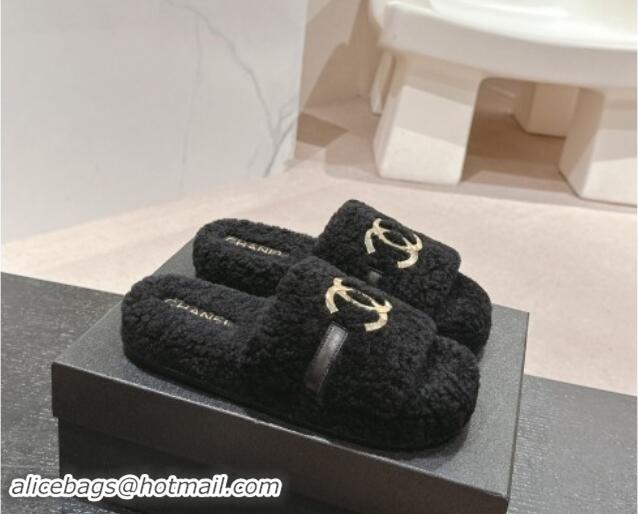 Pretty Style Chanel Shearling Wool Platform Slides Sandal with Gold-Tone CC Black 1121003