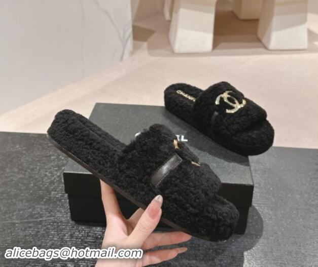 Pretty Style Chanel Shearling Wool Platform Slides Sandal with Gold-Tone CC Black 1121003