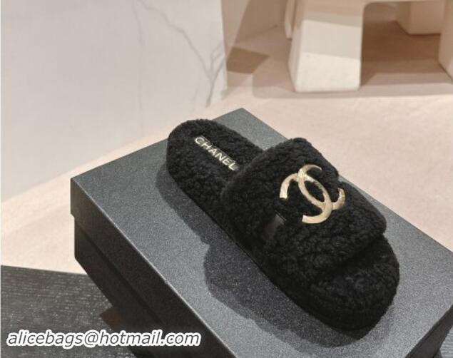 Pretty Style Chanel Shearling Wool Platform Slides Sandal with Gold-Tone CC Black 1121003