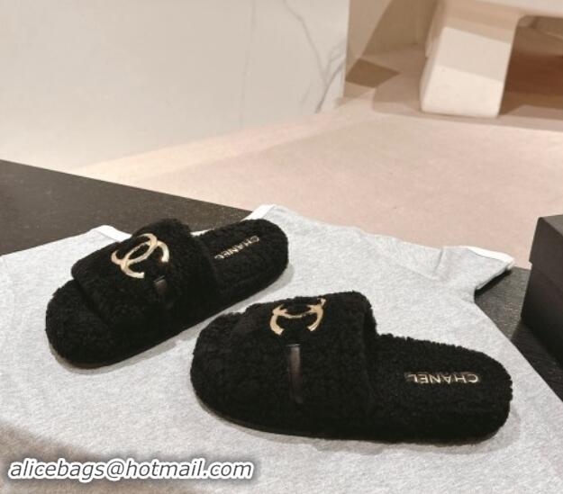 Pretty Style Chanel Shearling Wool Platform Slides Sandal with Gold-Tone CC Black 1121003