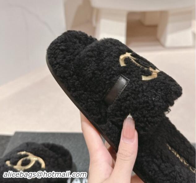 Pretty Style Chanel Shearling Wool Platform Slides Sandal with Gold-Tone CC Black 1121003