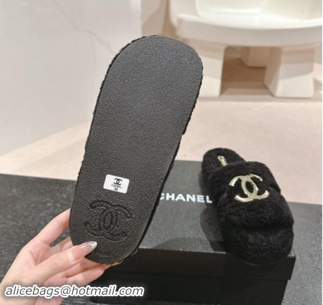 Pretty Style Chanel Shearling Wool Platform Slides Sandal with Gold-Tone CC Black 1121003