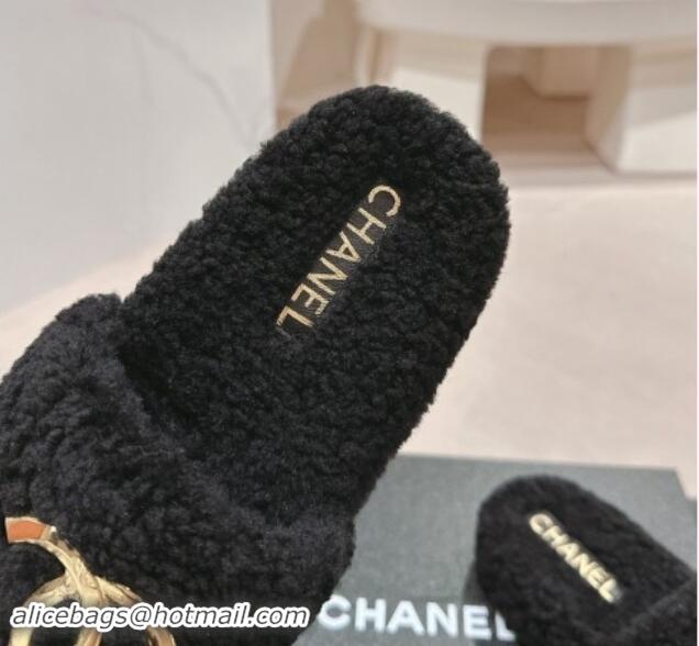 Pretty Style Chanel Shearling Wool Platform Slides Sandal with Gold-Tone CC Black 1121003