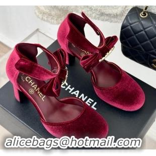 Good Product Chanel Velvet Pumps 9cm with Strass CC Bow and Ankle Strap Burgundy 1121004