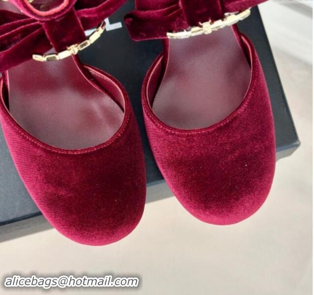 Good Product Chanel Velvet Pumps 9cm with Strass CC Bow and Ankle Strap Burgundy 1121004