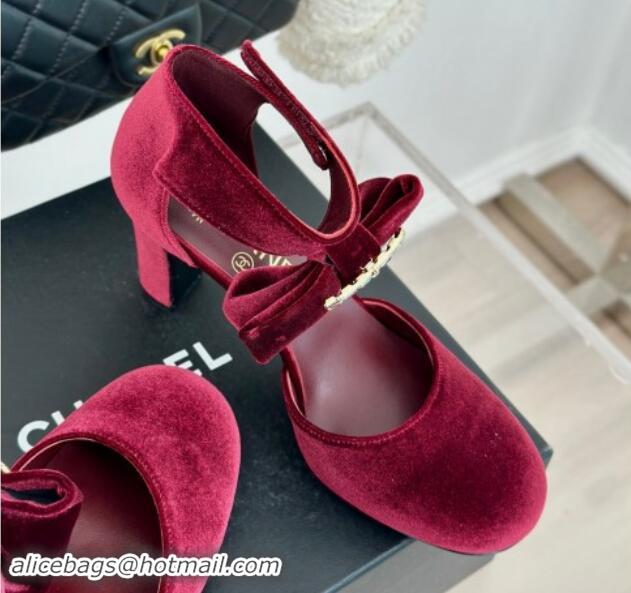 Good Product Chanel Velvet Pumps 9cm with Strass CC Bow and Ankle Strap Burgundy 1121004