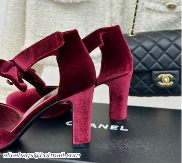 Good Product Chanel Velvet Pumps 9cm with Strass CC Bow and Ankle Strap Burgundy 1121004