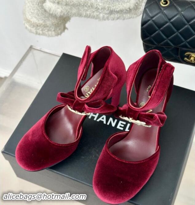 Good Product Chanel Velvet Pumps 9cm with Strass CC Bow and Ankle Strap Burgundy 1121004