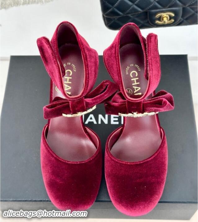 Good Product Chanel Velvet Pumps 9cm with Strass CC Bow and Ankle Strap Burgundy 1121004