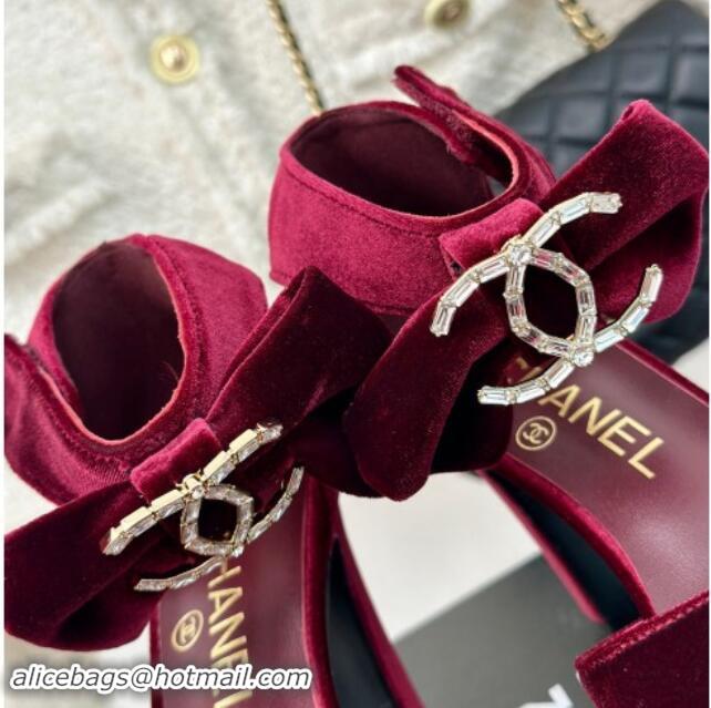 Good Product Chanel Velvet Pumps 9cm with Strass CC Bow and Ankle Strap Burgundy 1121004