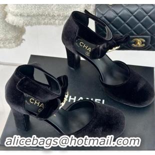 Shop Cheap Chanel Velvet Pumps 9cm with Strass CC Bow and Ankle Strap Black 1121005