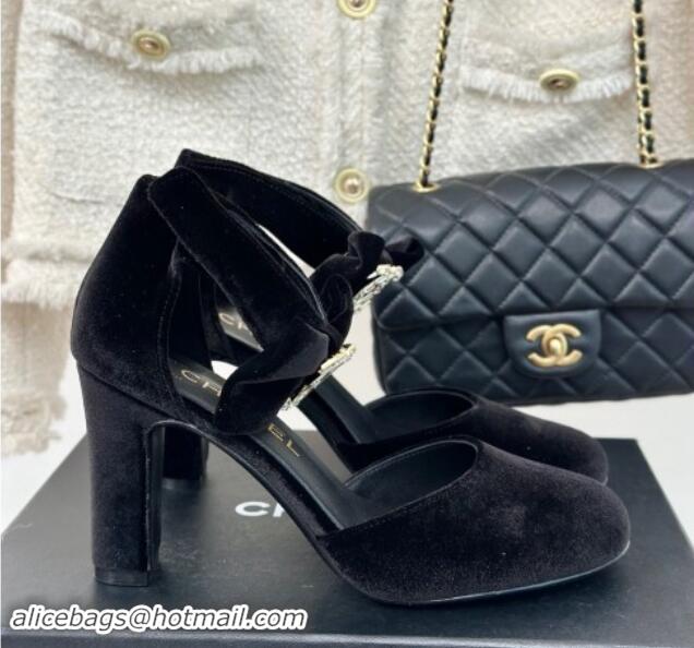 Shop Cheap Chanel Velvet Pumps 9cm with Strass CC Bow and Ankle Strap Black 1121005