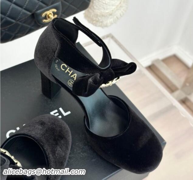 Shop Cheap Chanel Velvet Pumps 9cm with Strass CC Bow and Ankle Strap Black 1121005