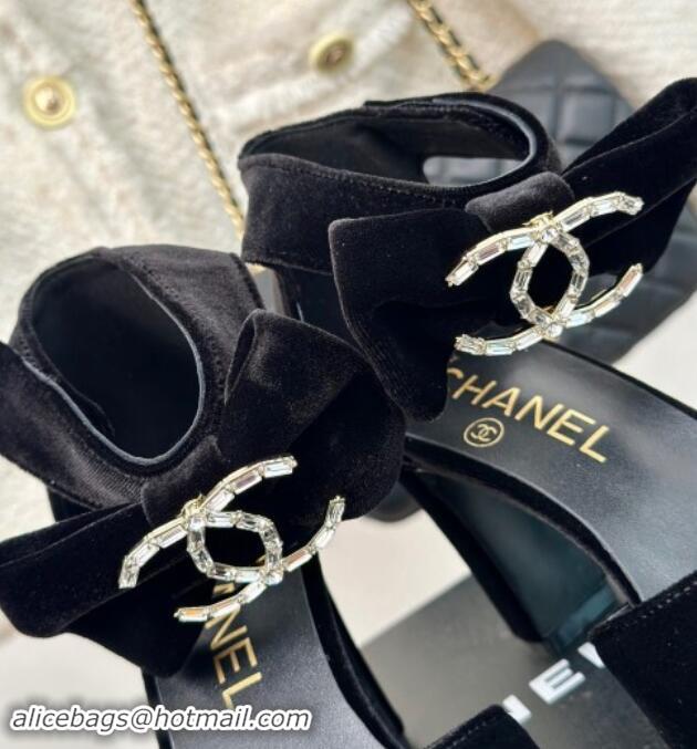 Shop Cheap Chanel Velvet Pumps 9cm with Strass CC Bow and Ankle Strap Black 1121005