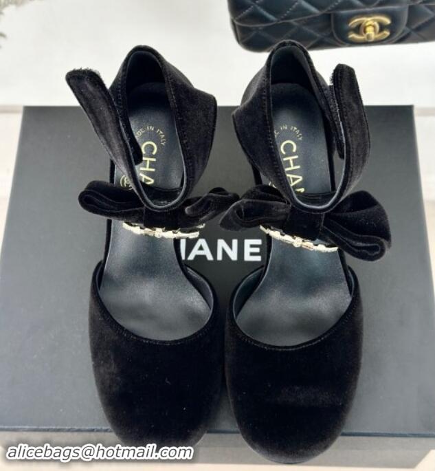 Shop Cheap Chanel Velvet Pumps 9cm with Strass CC Bow and Ankle Strap Black 1121005