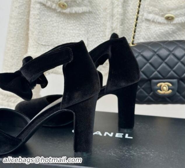 Shop Cheap Chanel Velvet Pumps 9cm with Strass CC Bow and Ankle Strap Black 1121005