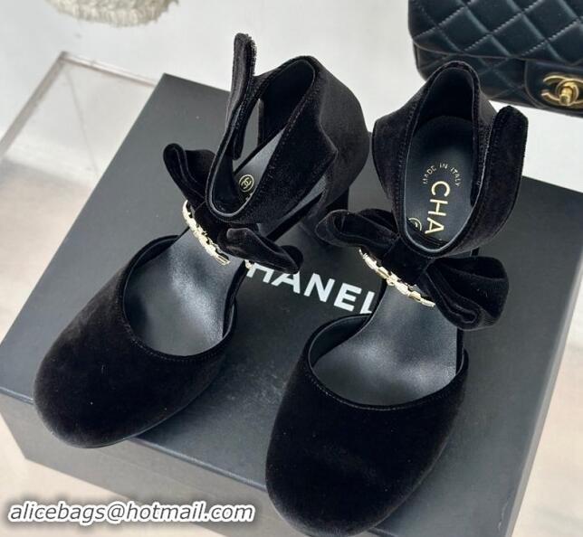 Shop Cheap Chanel Velvet Pumps 9cm with Strass CC Bow and Ankle Strap Black 1121005