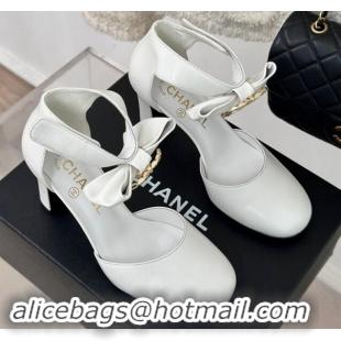 Good Looking Chanel Lambskin Pumps 9cm with Strass CC Bow and Ankle Strap White 1121006